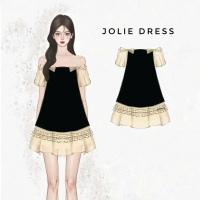 Váy trễ vai phối tơ dáng ngắn Jolie dress, đầm suông trễ vai kaki 2 da phối tơ phong cách tiểu thư t