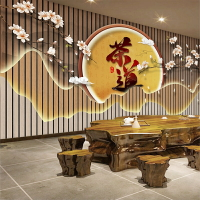 新中式茶道文化背景墻紙茶葉店茶館茶行壁紙茶莊意境山水茶樓壁畫