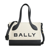 【BALLY】BALLY字母LOGO織物布拼接皮革磁吸式手提斜背包(象牙白×黑)