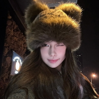 甜酷小浣熊！復古豹紋毛絨蒙古帽女秋冬仿皮草加厚保暖漁夫帽盆帽