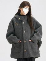 高級感連帽羊絨呢子大衣女冬季深灰色小個子羊毛呢外套羽絨服內膽【淘夢屋】