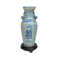Jingdezhen Vase Chinese Flower Vases Blue and White Peony Branches Wedding Double Happiness Retro Antique Chinese Vase Small