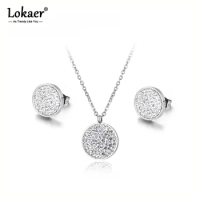 Lokaer Trendy Stainless Steel Wedding Necklace Earrings Jewelry Classic Pave Setting CZ Rhinestone Circle Sets For Women SE016