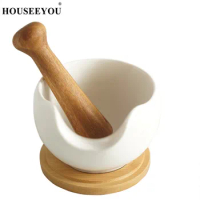 HOUSEEYOU Ceramic Mortar and Wood Pestle Pedestal Bowl Mills Garlic Press Pot Herb Pepper Spice Food Grinder Masher Pot Crusher