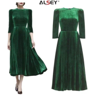 ALSEY Vintage Exquisite Jewel Green Dresses Velvet 2023 Fall New High Quality Dress Temperament Luxury Seven Sleeve Long Dresses