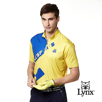 【Lynx Golf】男款吸濕排汗賽車方格旗設計山貓繡花短袖立領POLO衫-黃色