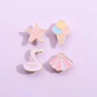 Custom Cartoon Ice Cream Coconut Tree Enamel Pins Summer Sand Dessert Pink Starfish Slippers Brooches Lapel Badges Jewelry Gifts