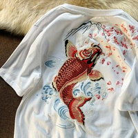 國潮短袖T恤夏季中國風重工刺繡鯉魚寬鬆民族風ins時尚半袖男裝潮-白色 M