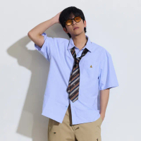 【GAP】男裝 純棉小熊刺繡翻領短袖襯衫-藍色(890877)
