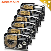 Absonic 6PK Black on Gold for Casio XR-12GD 12mm Label Tape Cartridge XR12GD XR 12GD Compatible for Casio Label Maker KL 60 120