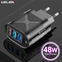 USLION 48W USB Charger Fast Charge QC 3.0 Wall PD Charging For iPhone Samsung Xiaomi Mobile Phone EU Plug Adapter Travel