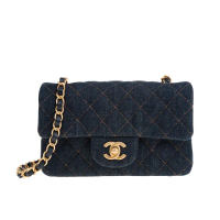【CHANEL 香奈兒】限量款MINI COCO縫線格紋丹寧牛仔布金屬CC LOGO鍊帶/斜背包(深藍)