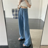 145矮小個子150女裝春秋藍色編織牛仔長褲高腰寬松闊腿休閑顯瘦xs