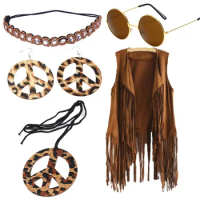 Women 60s 70s Hippie-Outfits Costume Set Hippie-Boho-Flared Pant Fringe-Vest
