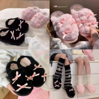ส่งจากไทย รองเท้า Mini Ribbon แต่งโบว์ รองเท้าน่ารัก ใส่สบายในบ้าน สลิปเปอร์ขนนุ่ม 49061