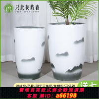 【台灣公司 可開發票】簡約中國風水墨落地高筒特大號陶瓷花盆天堂鳥發財樹綠植盆帶托盤