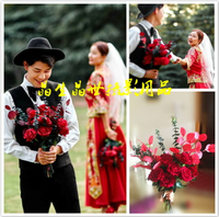 中式婚禮新娘捧花 婚紗攝影道具仿真紅玫瑰 外景秀禾服手捧花