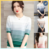💥[A248] Áo len QC Montoghi hàng dệt kim KẺ CARO TƯỜNG phối MÀU LOANG tay ngắn cổ tròn sang trọng - L