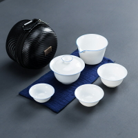 德化白瓷藍邊蓋碗快客杯同心杯陶瓷一壺三杯套裝便攜旅行功夫茶具