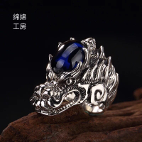 S925純銀復古泰銀龍頭鑲嵌藍剛玉男士款霸氣獨特銀戒指