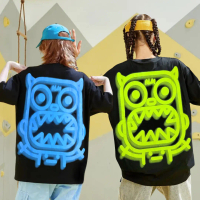 CALM MIND Boxy Fit Tshirt Oversize - Kaos Neon Monster  Printing Atasan Hitam