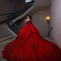 Shiny Red Quinceanera Dress Ball Gown Sequins Lace Applique Sweet 16 Dress With Cape Mexican Birthday Vestidos De 15 Años