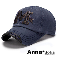 AnnaSofia M字立體繡水洗 棉質防曬遮陽嘻哈棒球帽老帽(藍系)