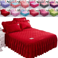 3PCS/set Princess Bedding Solid Ruffled Bed Skirt Pillowcases Lace Bed Sheets Mattress Cover King Queen Full Twin Size Bed Cover
