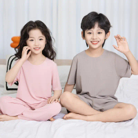 Summer New Boys' Short Sleeve Loose Seamless Ice Silk Homewear Children's Two-Piece Girls' Pajama Se