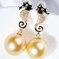 MADALENA SARARA 10-11mm Saltwater Pearl Women Earrings 18K Gold Seahorse Dangle Style Natural Southsea Pearl Earrings