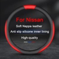 Nappa Leather Car Steering Wheel Cover Silicone Non-slip lining For Nissan Qashqai FUGA NV200 Patrol Y61 Livina Juke Accessories