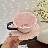 Single Set Elegant Floral Coffee Cup and Saucer, High-Value Ceramic Afternoon Tea Cup with Dessert P