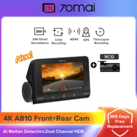 70mai New Dash Cam 4K A810-2 Set Built-in GPS 150°FOV AI Motion Detection 4K HDR Dual-Channel Recording Car DVR