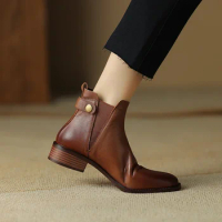 Genuine Leather Chelsea Boots Women Mid Heel Elastic Band Slip-On Ankle Short Boot Retro West Cowboy Round Toe Office Shoe