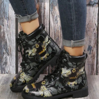 Skeleton Women Snow Ankle Boots Motorcycle Skull Pansy Low Heels Shoes Vintage Warm Winter Increase The 43 Zapatos De Mujer