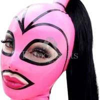 Yilen Latex Hood Mask Holiday Rubber Full Face Pink and Black Strips with Ponytail Wig Latex Mask