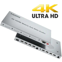 4k 4x4 HDMI Matrix with Toslink Stereo Audio Extractor 1080p HDMI Matrix Selector 4 In 4 Out HDMI Switch Splitter W/ EDID RS232