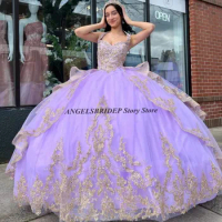 Angelsbridep Lavender Princess Quinceanera Dresses Mexican Halter Gold Lace Appliques Beading Sweet 16 Prom Dress Ball Gowns