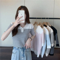 Summer New Design Sense Unique Age-Reducing Versatile Striped Polo Shirt Cool Silk Knitted Shirt But