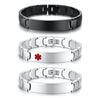 ID Tag Bracelet for Men Custom Engraving Name Strap Medical Alert Stainless Steel Link Chain Bracelet Emergency Reminder Jewelry