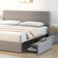 Full Bed Frame Queen Size Light Grey Strong Frame and Wooden Slats Support 4 Storage Drawers and Adjustable Headboard Noise-Free
