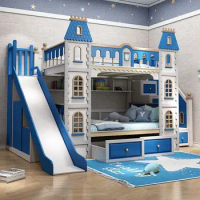 All-solid wood two-story children's bed, bunk bed, bunk bed, high and low mother bed, castle, British boy villa, blue
