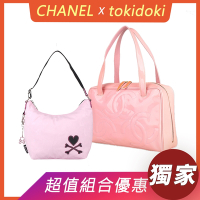展示品 CHANEL 雙C縫線三LOGO漆皮拉鍊手提肩背包(粉紅)+TOKIDOKI