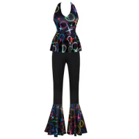 Retro 60s 70s 80s 90s Disco Fancy Dress Outfit Set Halterneck Sleeveless Slimming High Waist Trousers Hippie Party Clothing