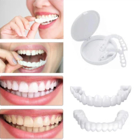 1 Set False Teeth Veneer Silicone Top &amp; Bottom Teeth Safe Adhesive Denture Hide Braces Cosmetic Teeth Denture Fake Tooth Cover