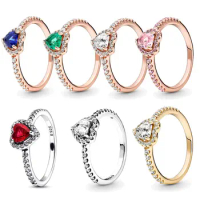 Rose Gold Plated 925 Silver Ring Sparkling Elevated Red Heart Ring For Women Engagement Gift Original Ring Jewelry Authentic