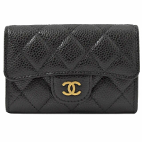 【CHANEL 香奈兒】經典雙C LOGO菱格紋小牛皮信用卡名片夾零錢包(黑)