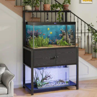 40-50 Gallon Fish Tank Stand with LED Light Power Outlets,Heavy Duty Metal Aquarium Stand