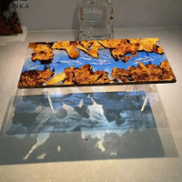 Golden camphor solid Clear Epoxy Resin Conference Table Top Sea Beach Series With Diy Decors Inside Unique design solid
