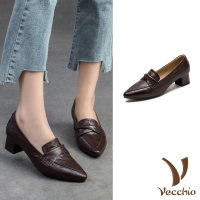 【Vecchio】真皮跟鞋 尖頭跟鞋/真皮羊皮翻領蝴蝶結小尖頭造型高跟鞋(棕)